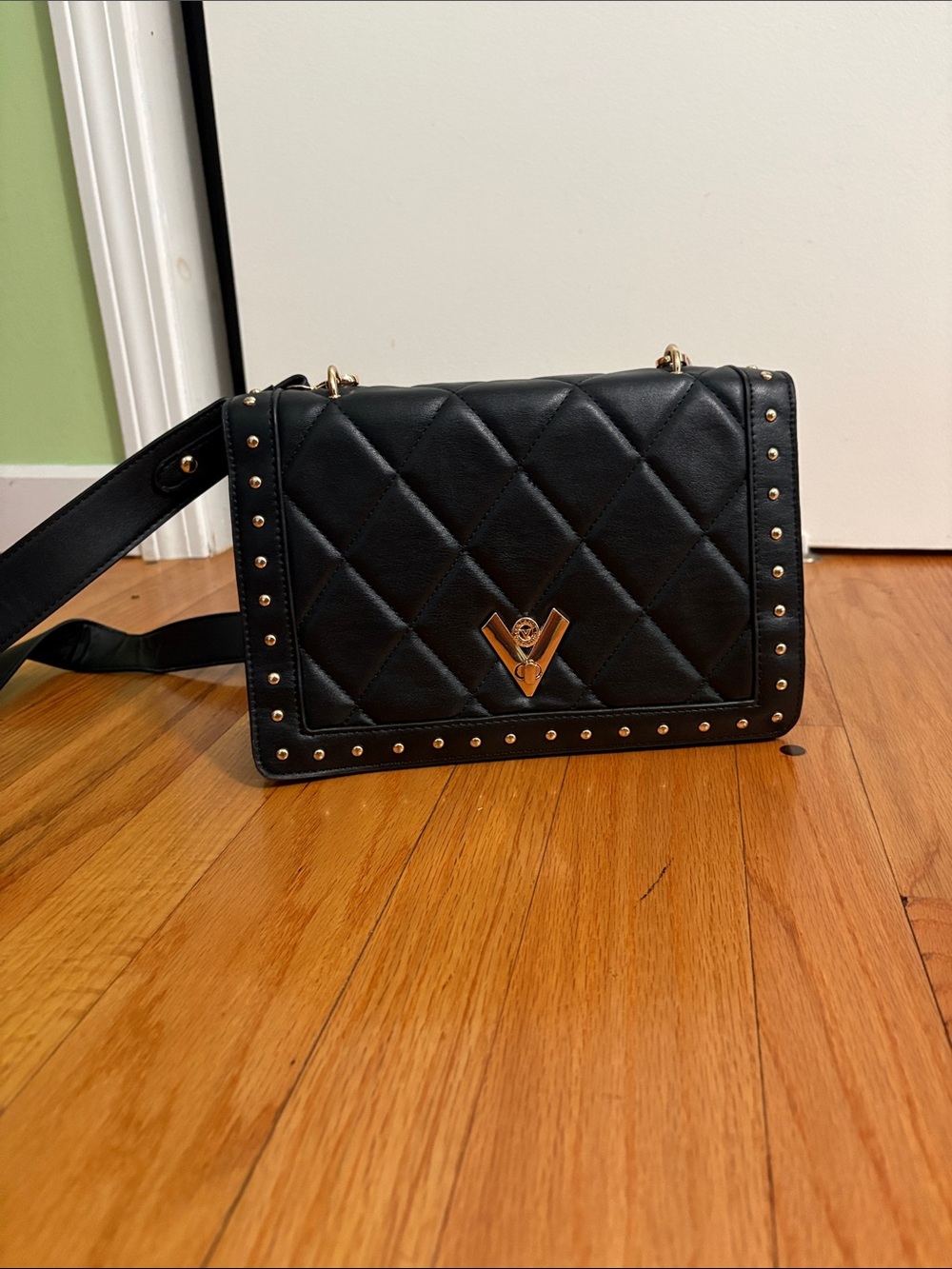 Valentino Orlandi Quilted Black Crossbody with Gold V-Emblem